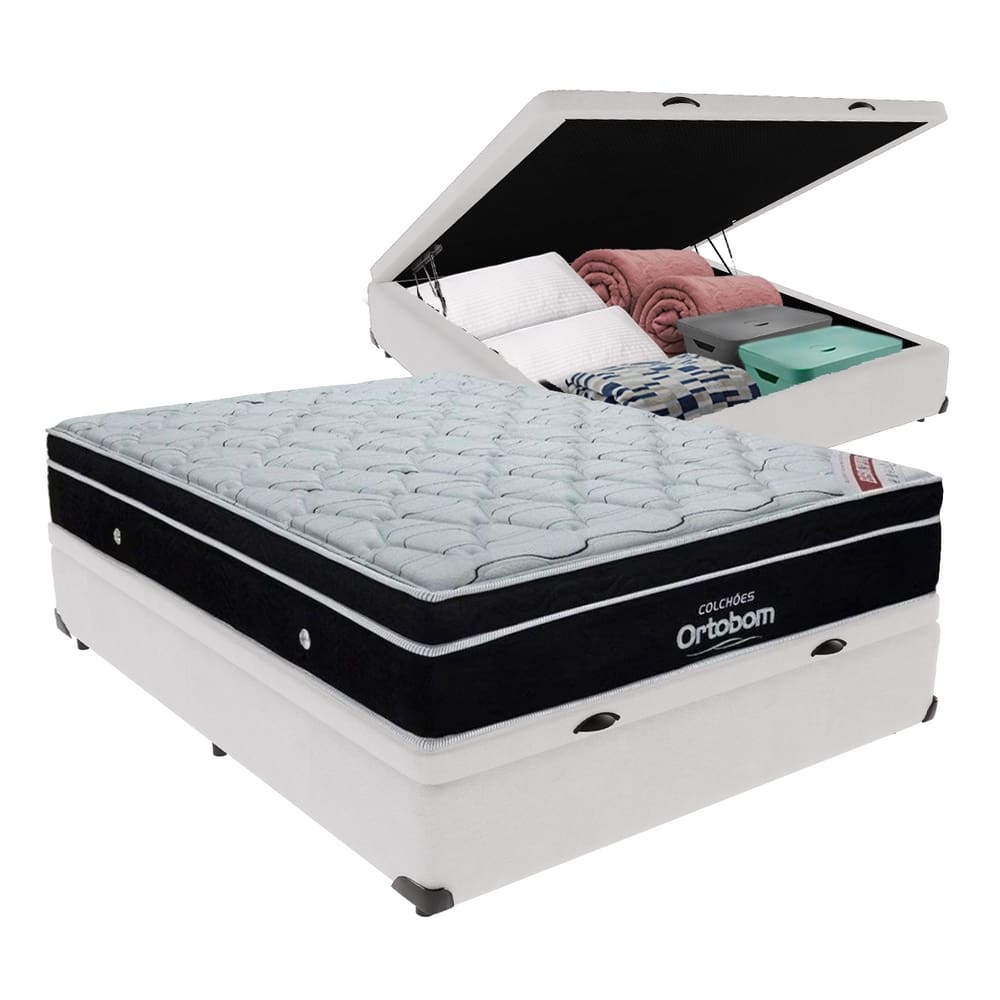 Colchão Elegant Ortobom Base Baú Branco Casal Mola Ensacada