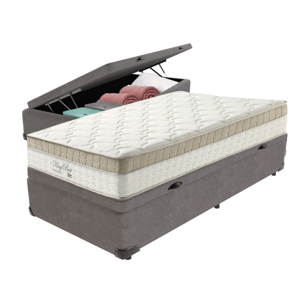 Cama Box com Baú Cinza e Colchão Solteiro King Best Anjos