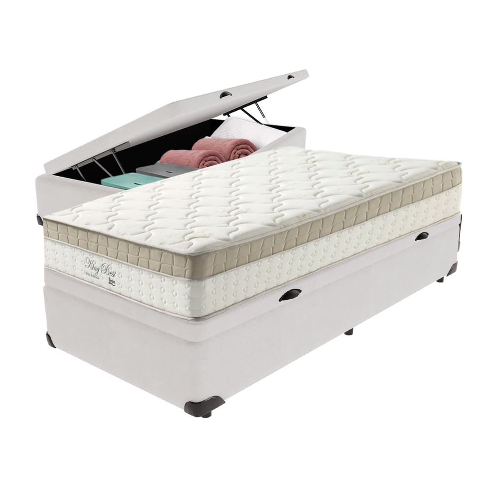 Cama Box com Baú Branco e Colchão Solteiro King Best Anjos