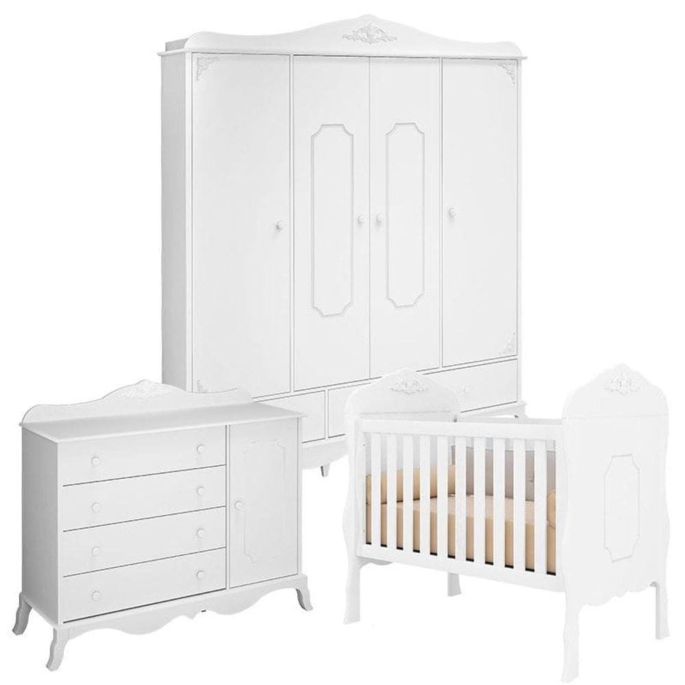 Quarto de Bebê Realeza 4 Portas Cômoda 1 Porta Branco Acetinado – Canaã