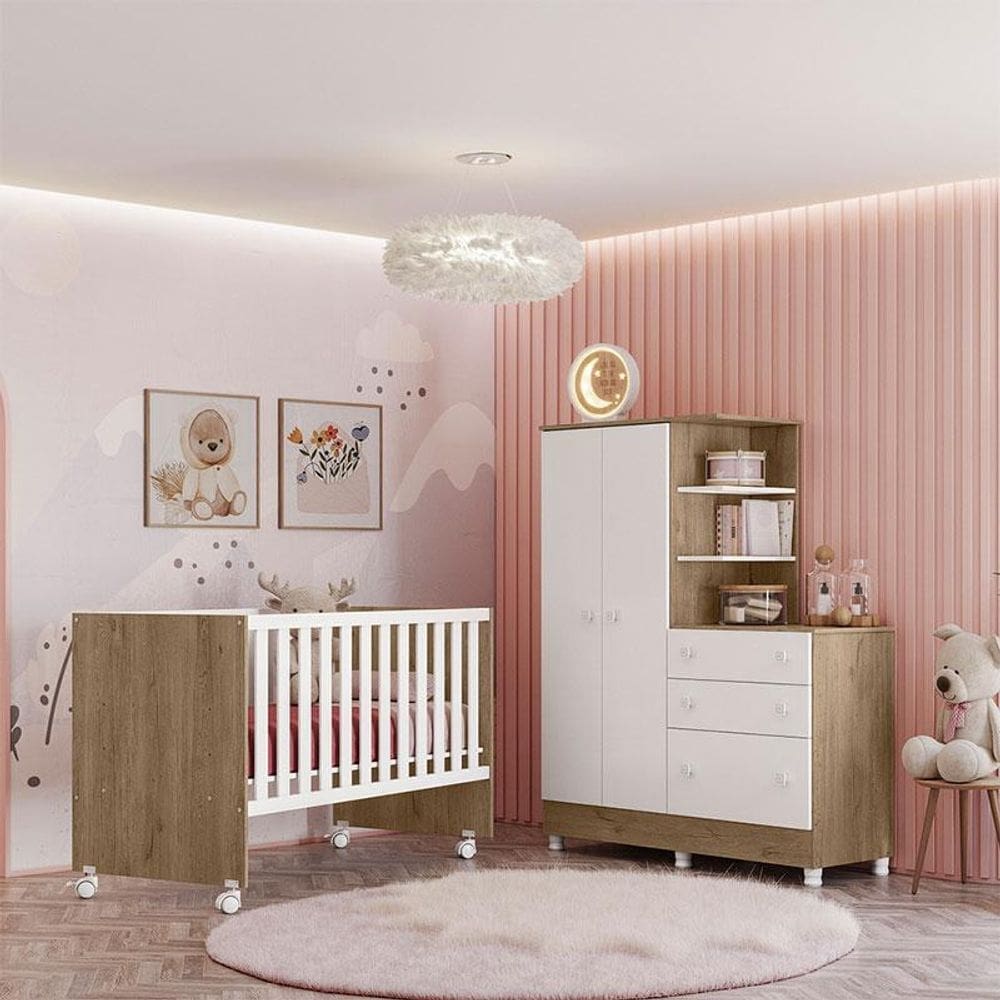 Berço Nacional 3540 e Guarda Roupa com Cômoda 4070 Ambiente Doce Sonho Carvalho Rústico TOQ Branco com Pés – Qmovi