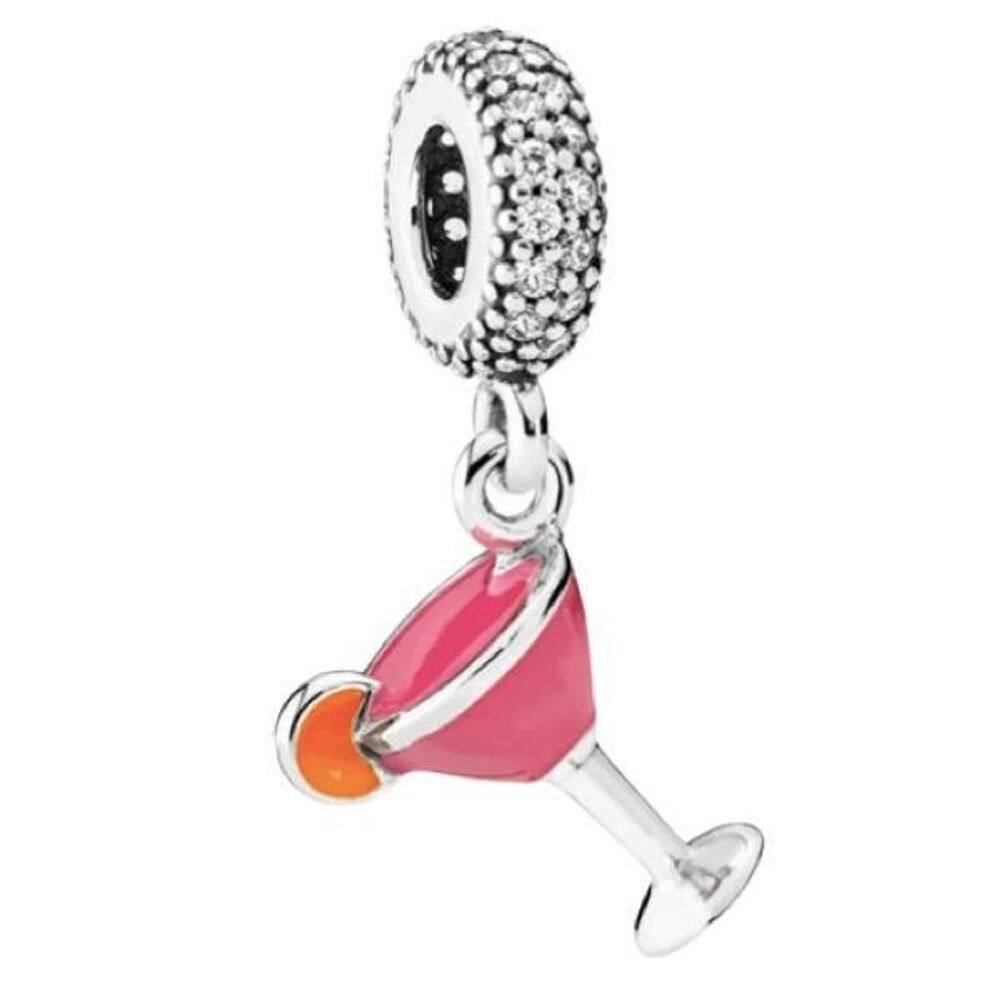 Berloque taça drink rosa pulseira pingente prata 925 bebida