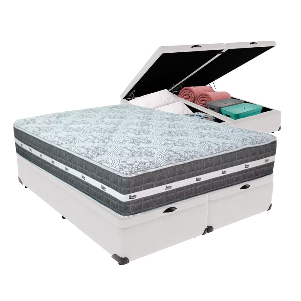 Cama Box com Baú Branco e Colchão King Black Grafit Anjos