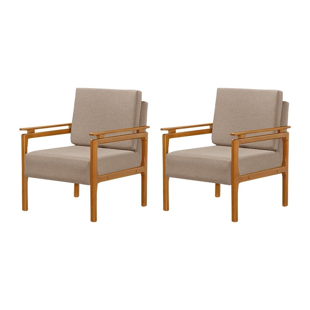 Kit 2 Poltronas Decorativa Pés de Madeira Maciça Yasmin Linho Bege