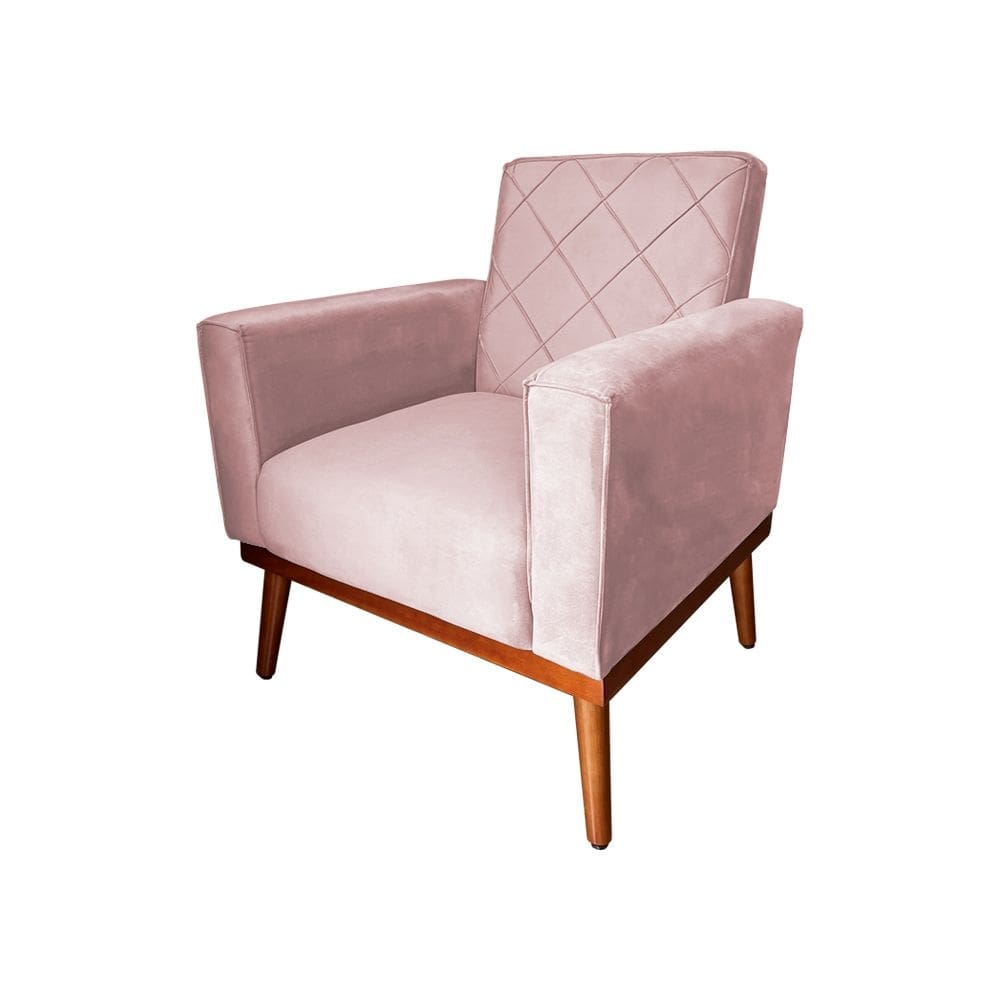 Poltrona Living Base em Madeira Maciça Caribe Veludo Rosê