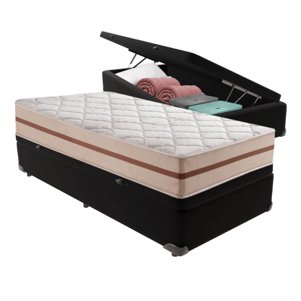 Cama Box com Baú Preto e Colchão Solteiro Classic Anjos