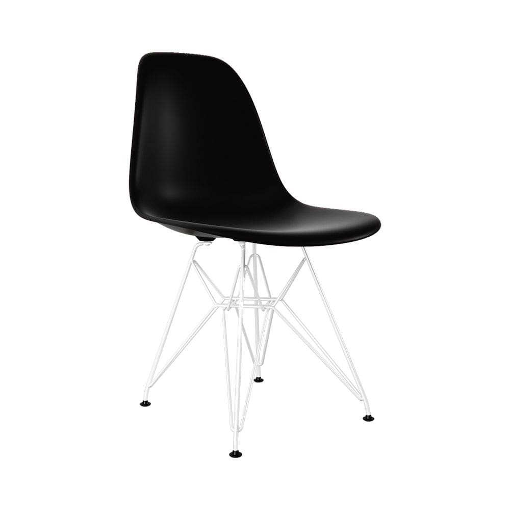 Cadeira Jantar Assento Preto Eiffel Eames Base Ferro Branco