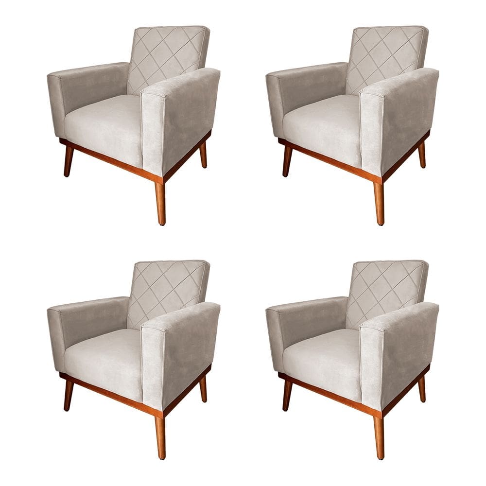Kit 4 Poltronas Living Base em Madeira Maciça Caribe Veludo Bege
