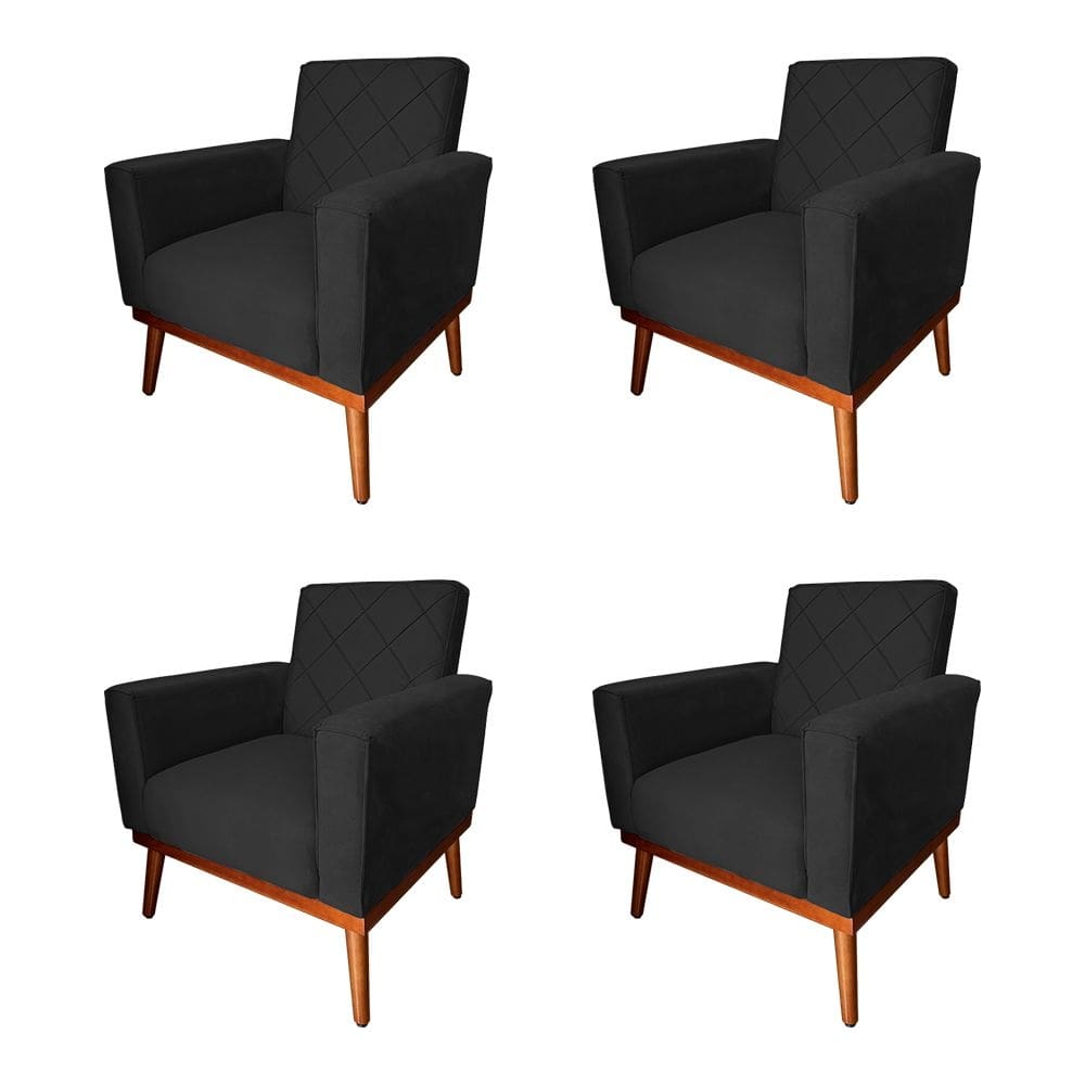 Kit 4 Poltronas Living Base em Madeira Maciça Caribe Veludo Preto