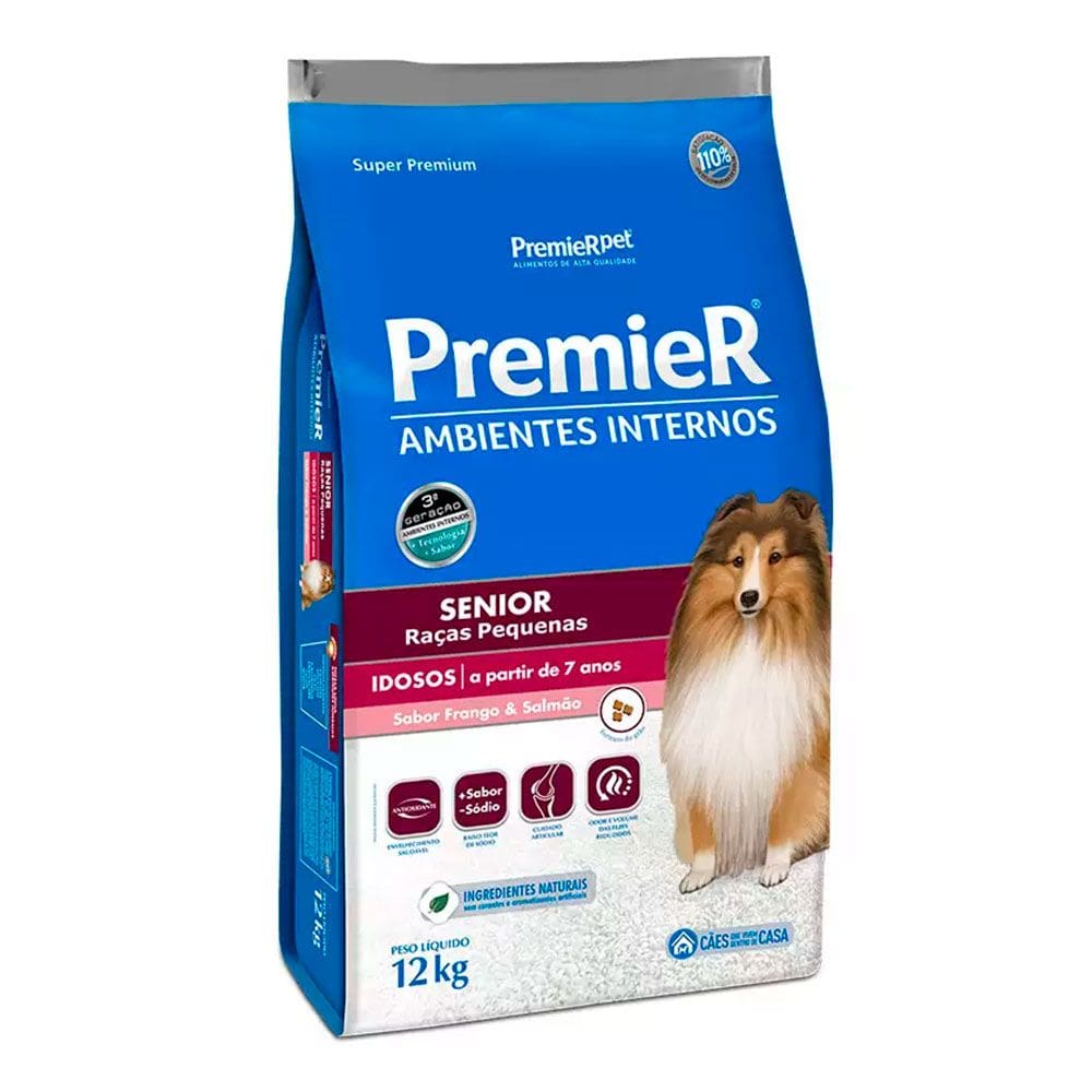 Ração Premier Ambientes Internos Cães Adultos Sênior +7 Raças Pequenas Frango e Salmão 12kg