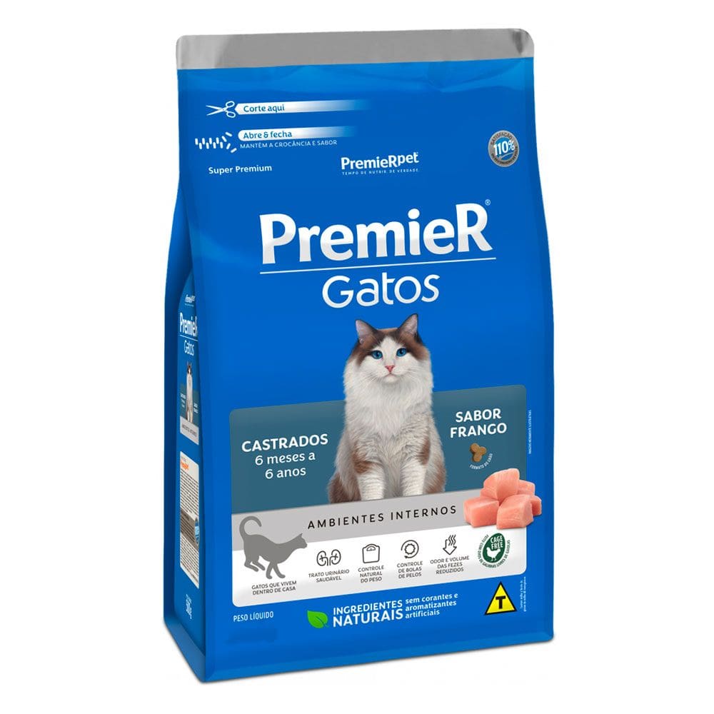 Ração Premier Gatos Castrados 6 Meses a 6 Anos Ambientes Internos Frango 7,5kg