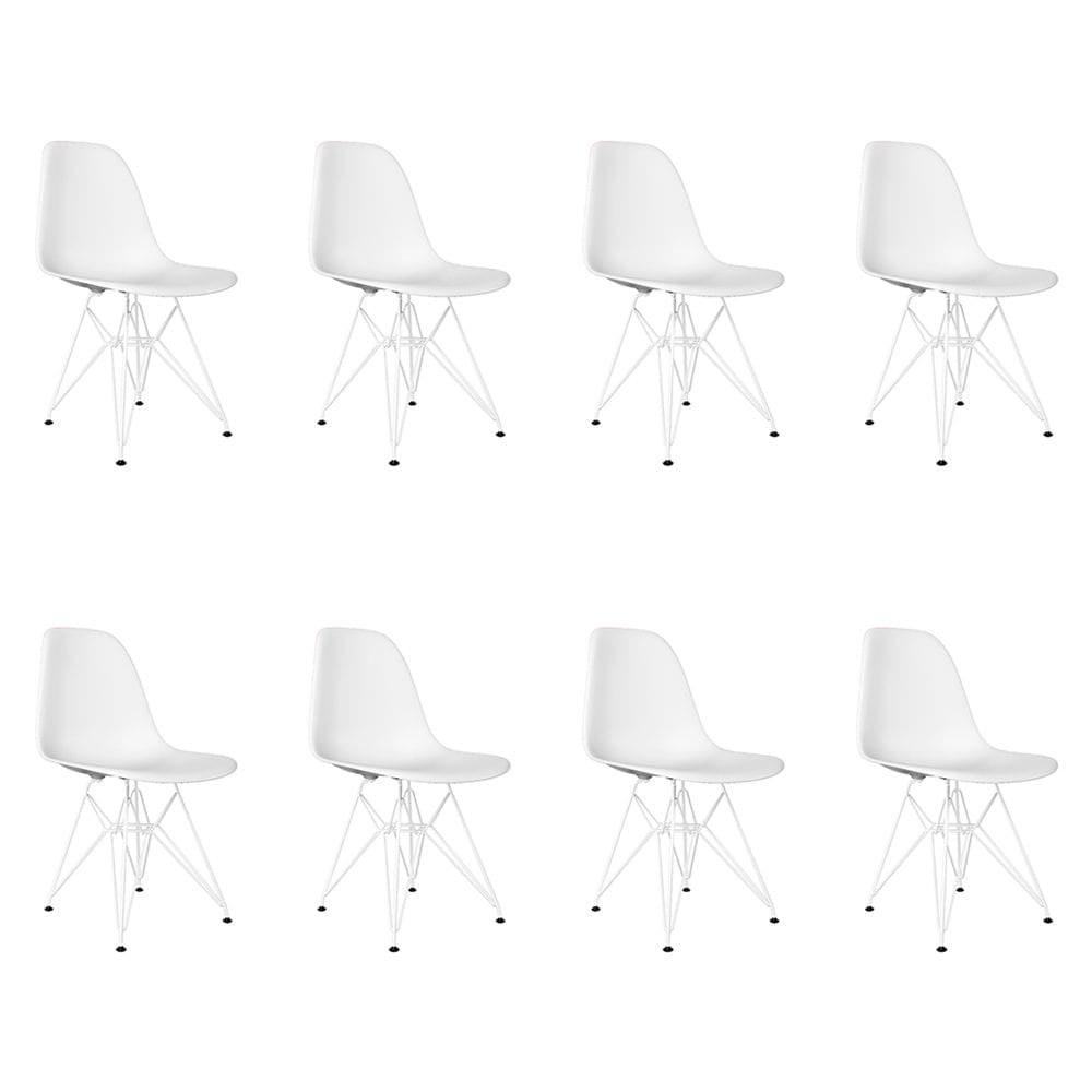 Kit 8 Cadeiras Jantar Assento Branco Eiffel Eames Base Ferro Branco