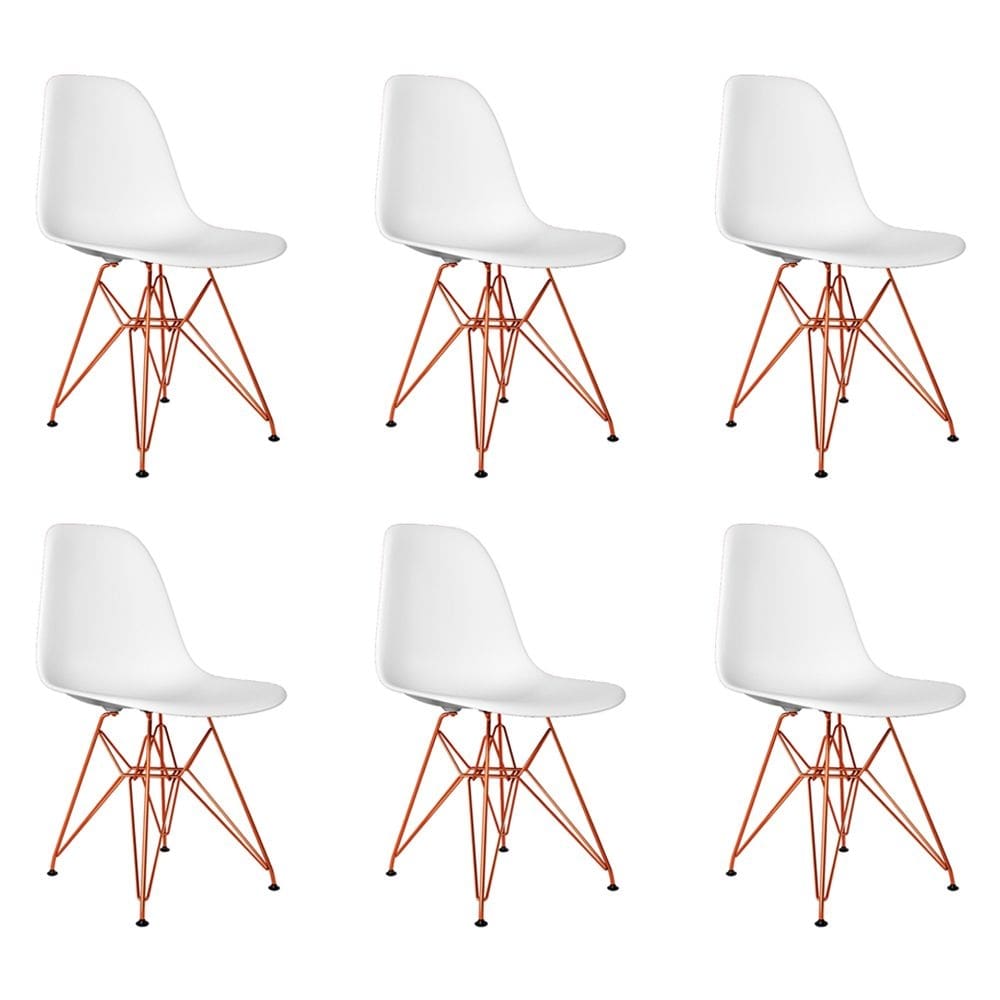 Kit 6 Cadeiras Jantar Assento Branco Eiffel Eames Base Ferro Cobre