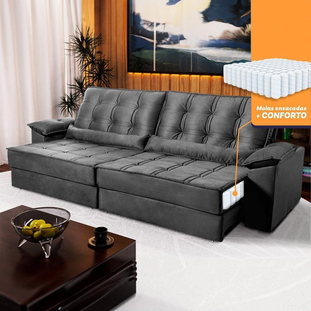 Sofá Retrátil Reclinável 2,30m Ascari Suede Velut Cinza molas Ensacadas - King House