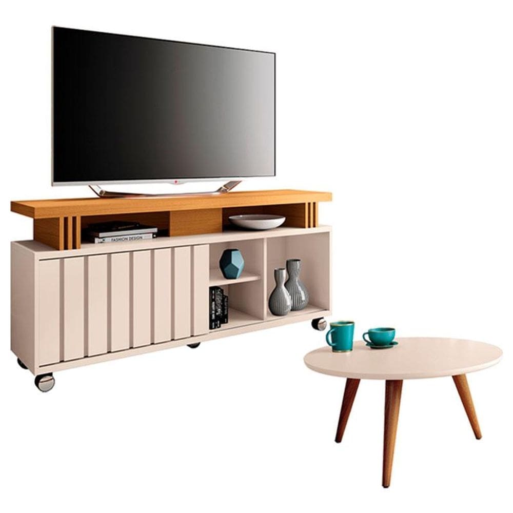 Rack Bancada Rivera 1.3 e Mesa de Centro Sorelle Off White Cinamomo – HB Móveis