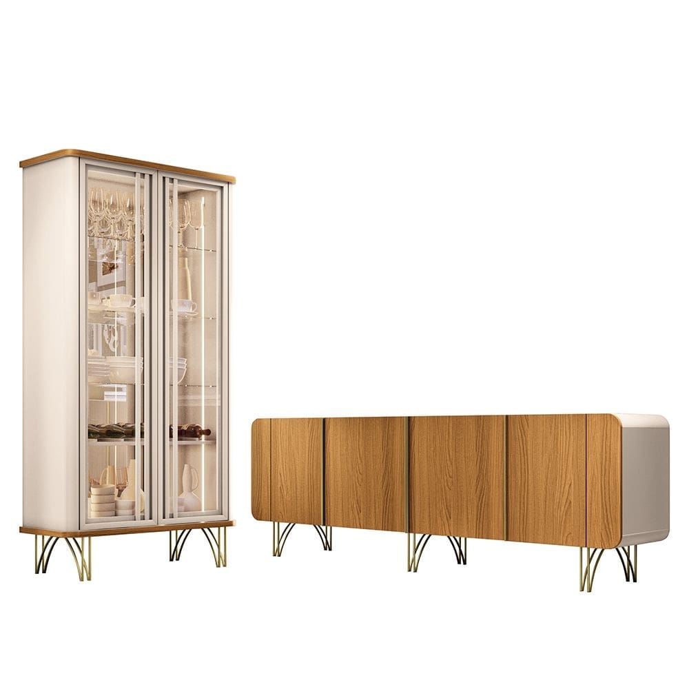 Kit Aparador Buffet 220 cm com Cristaleira para Sala de Estar Lotus H01 Off White - Cinamomo Clique Chique