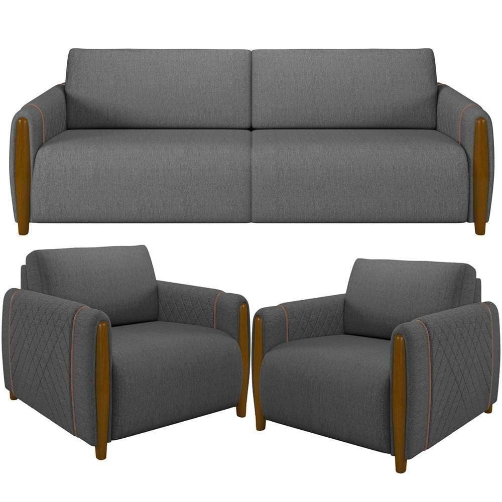 Kit Sofá 02 Lugares 168Cm Com 02 Poltronas Flora M03 Chumbo