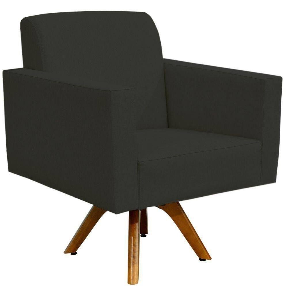 Poltrona Giratória Base De Madeira Suede Preto