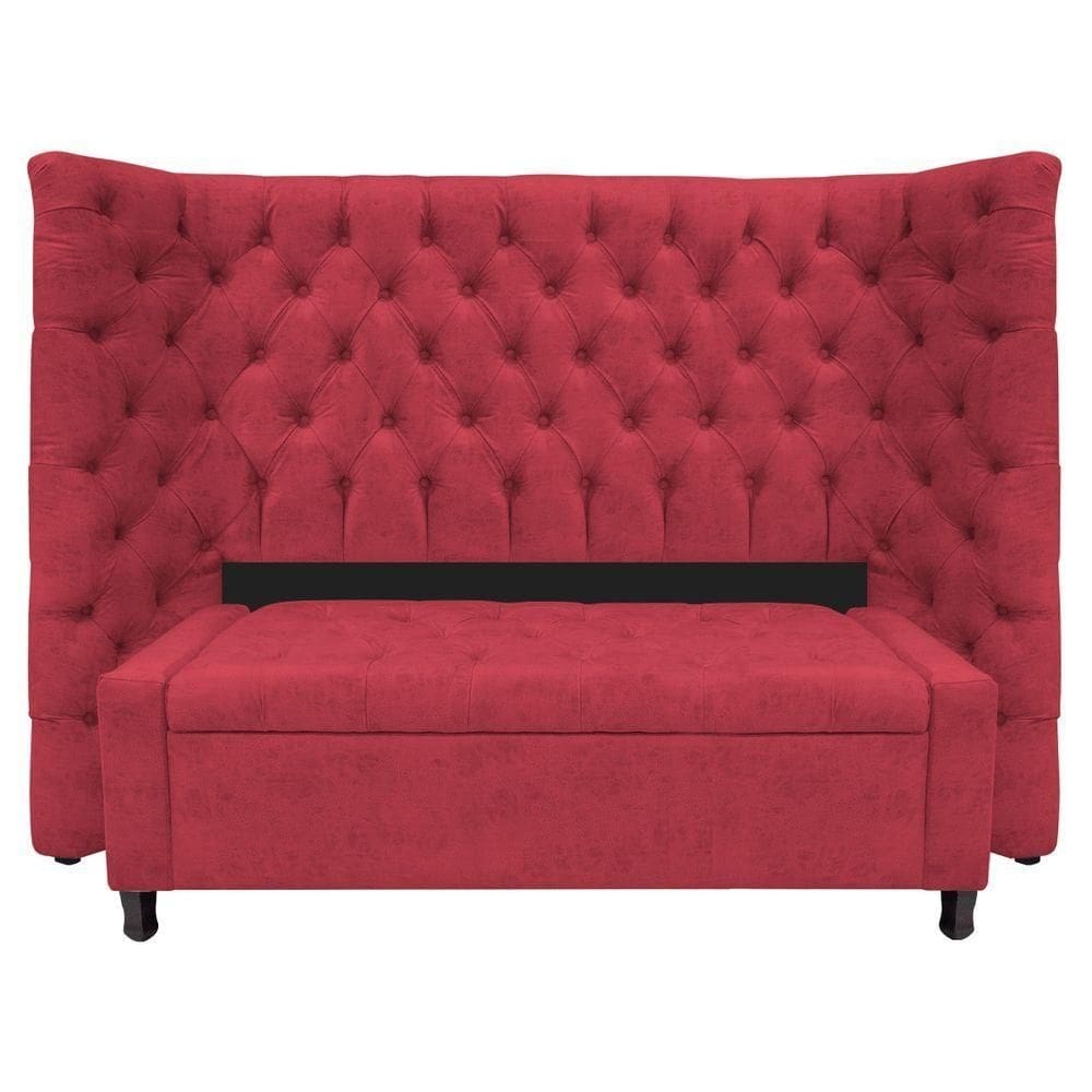 Kit Cabeceira E Calçadeira Baú Casal Everest P02 140cm Suede - Doce Sonho Móveis Vermelho