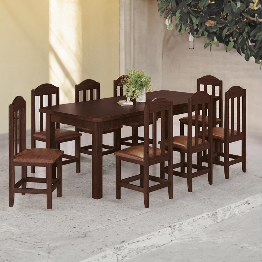 Conjunto Mesa Com 8 Cadeiras Em Madeira Maciça Estofadas Em Corino Marrom 200cm Castanho Olivia Shop Jm