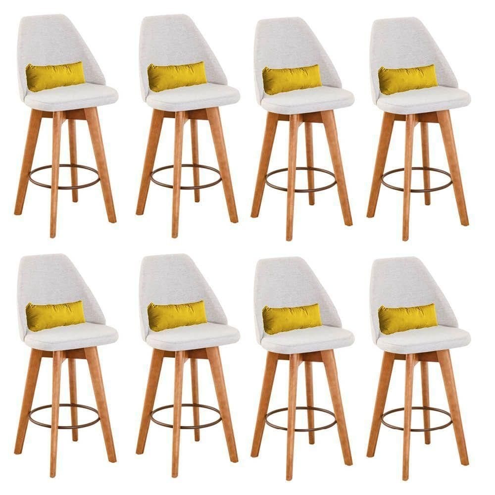 Kit 08 Banquetas Bege Claro E Almofada Corino Amarelo