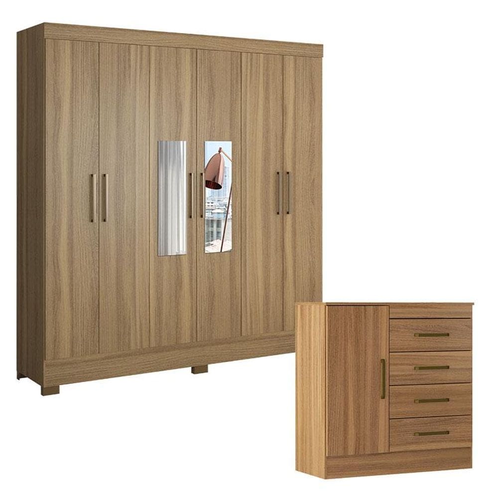 Cômoda Montevidéu e Guarda Roupa Casal Prático Amêndola Touch com Espelho - Demóbile