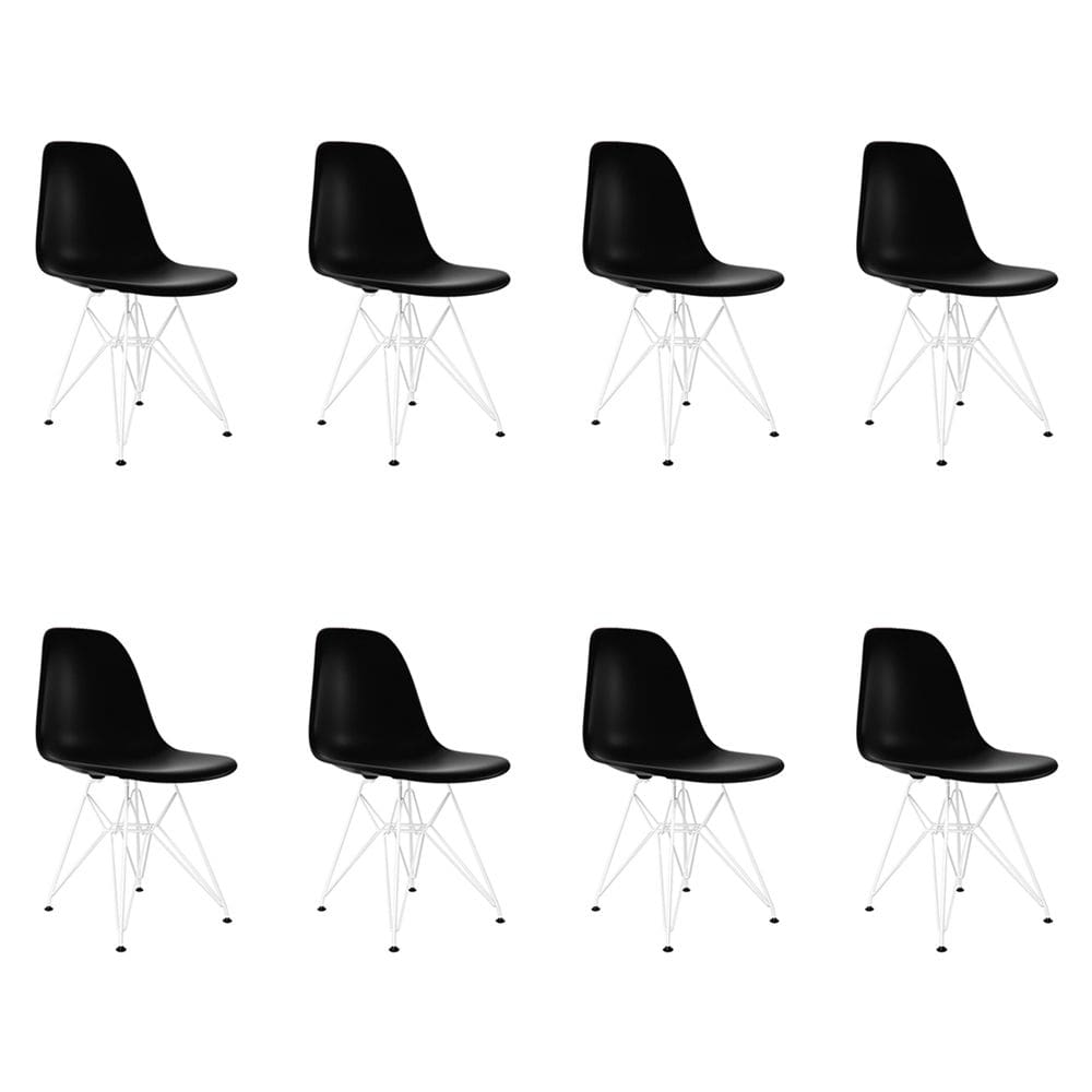 Kit 8 Cadeiras Jantar Assento Preto Eiffel Eames Base Ferro Branco