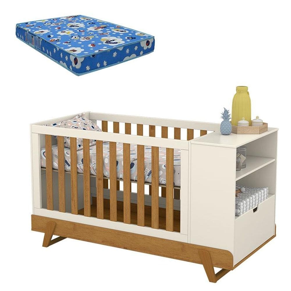 Berço Multifuncional Bkids Off White Freijó Eco Wood com Colchão Ortobom - Matic