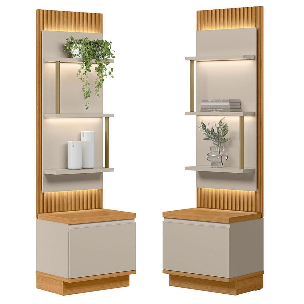 Kit 2 Módulos Laterais Complementares Painel Ripado com LED 2 Portas 6 Prateleiras Paulina