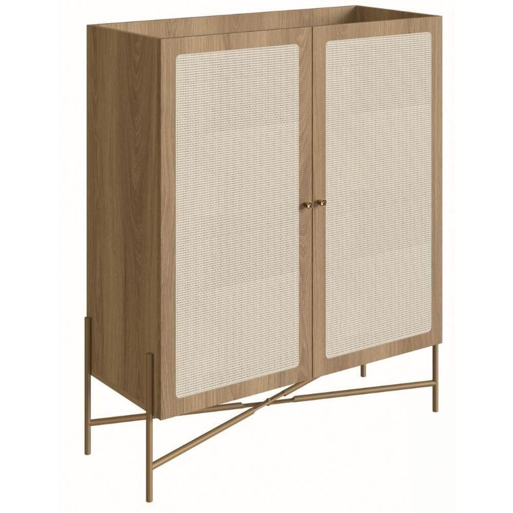 Cristaleira Bar Armário Alto Oslo Artesano 93 Cm (Largura) Mdp Mel Palha Natural Base Metal