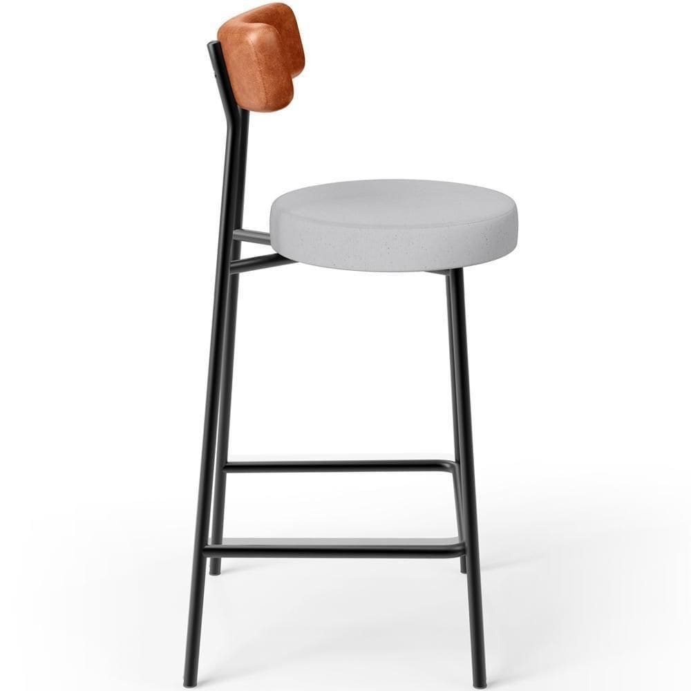 Banqueta Baixa Bar Cozinha Sala De Jantar Milão L02 Couríssimo Camel Linho Cinza -LyamDecor