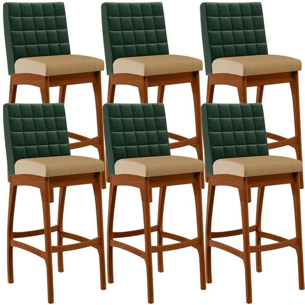 Kit 06 Banquetas Altas Facto Verde Musgo Linho Bege Escuro