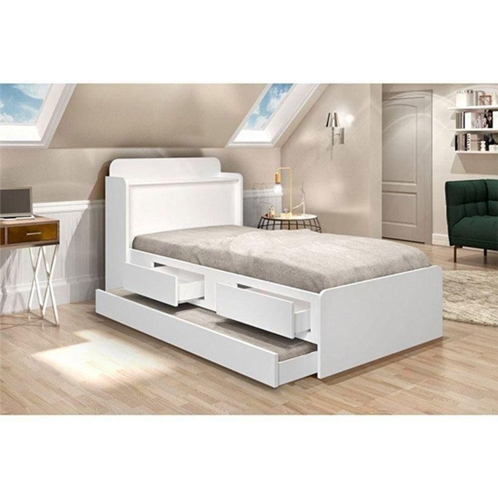 Cama Solteiro 0,88cm Com Auxiliar Branco Com Capitonê Nogal