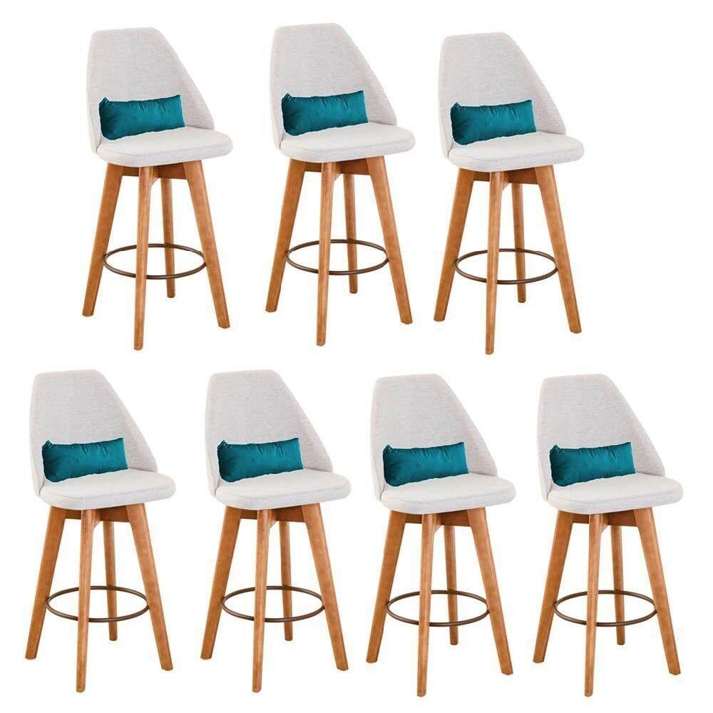 Kit 07 Banquetas Bege Claro E Almofada Corino Azul Turquesa