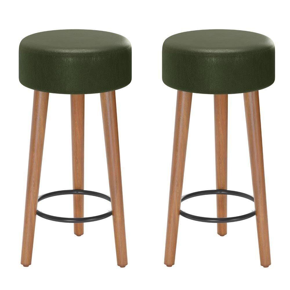 Kit 02 Banquetas Baixa Estofada Pés De Madeira Verde