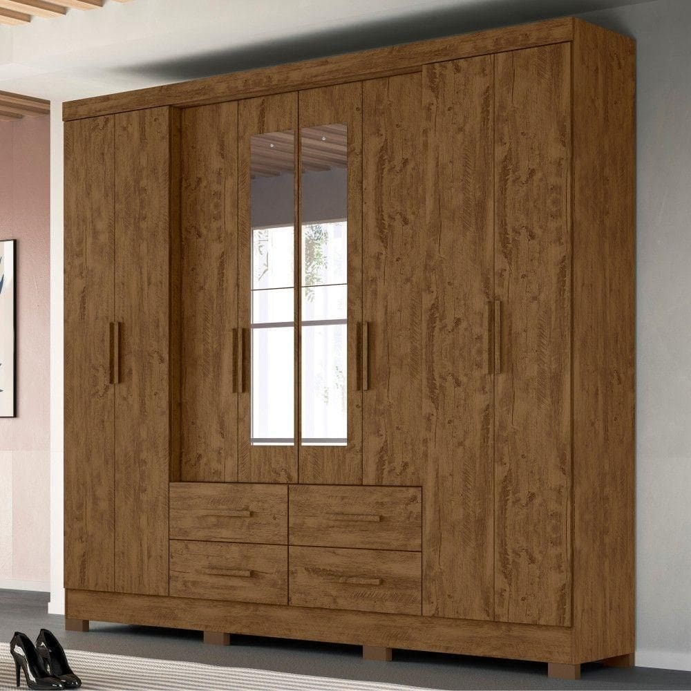 Roupeiro 8 Portas Timms Castanho Wood Com Espelho