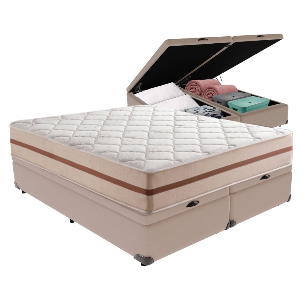 Cama Box com Baú Bege e Colchão King Classic Anjos