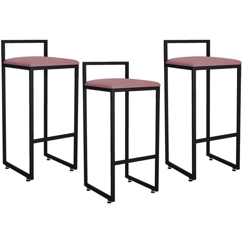 Kit 03 Banquetas Altas Hanna Preto Suede Rosê