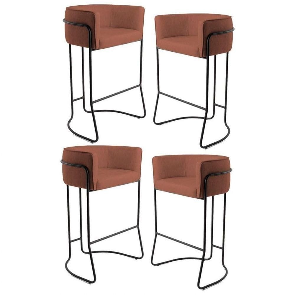 Kit 4 Banquetas Decorativas Base Aço Preto Betina B-235 Linho Laranja - Domi