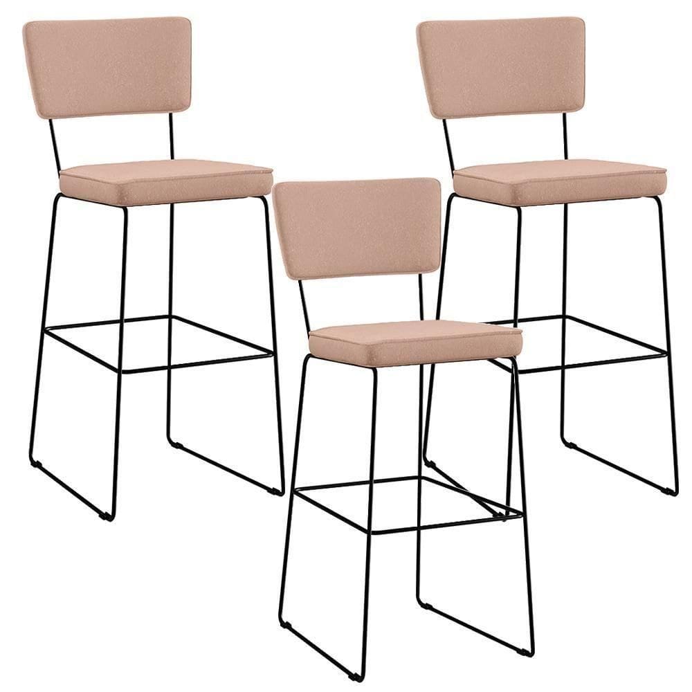 Kit 3 Banquetas Alta Base Em Aço Fixa Linho Rosê