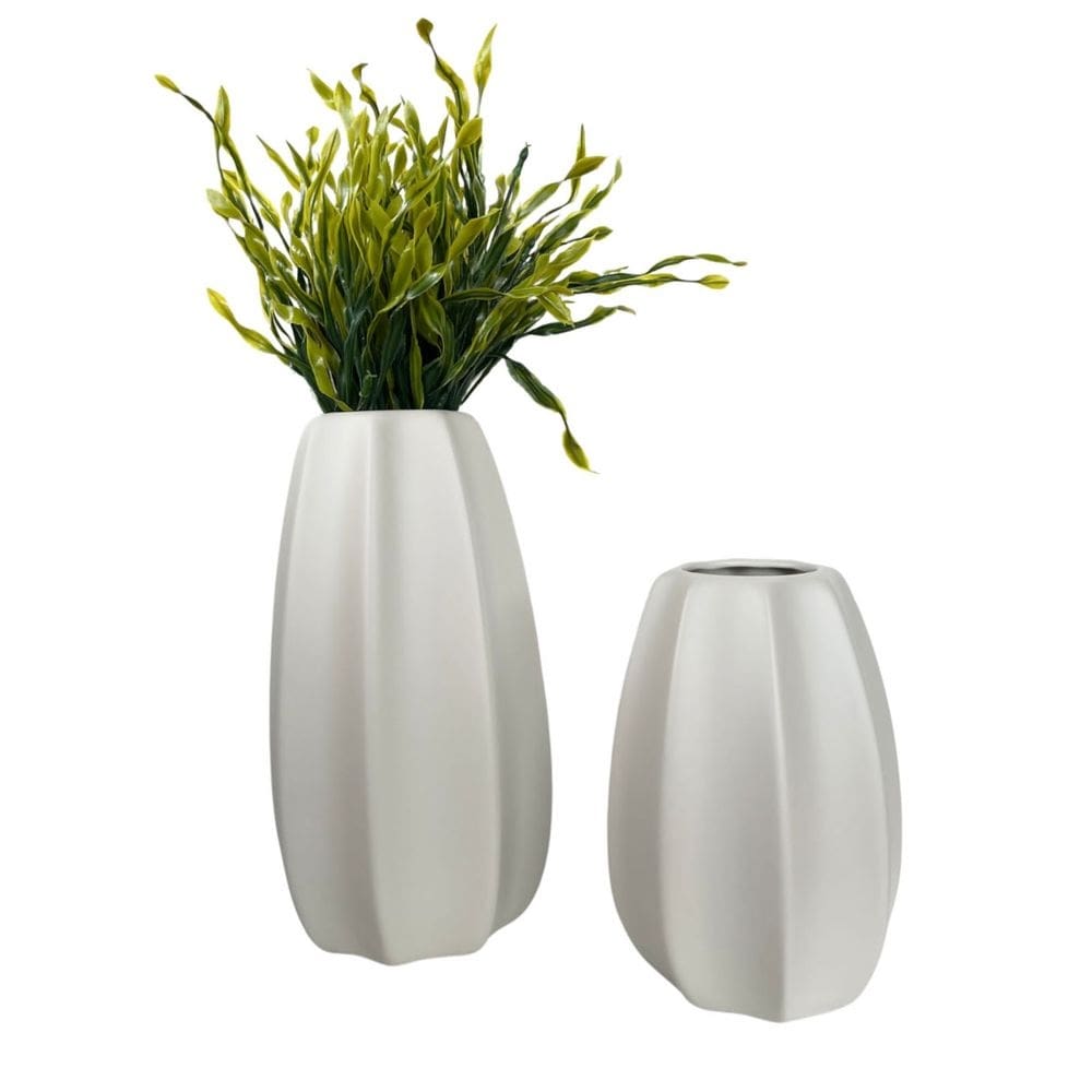 Dupla vaso centro de mesa alto relevo off white com planta