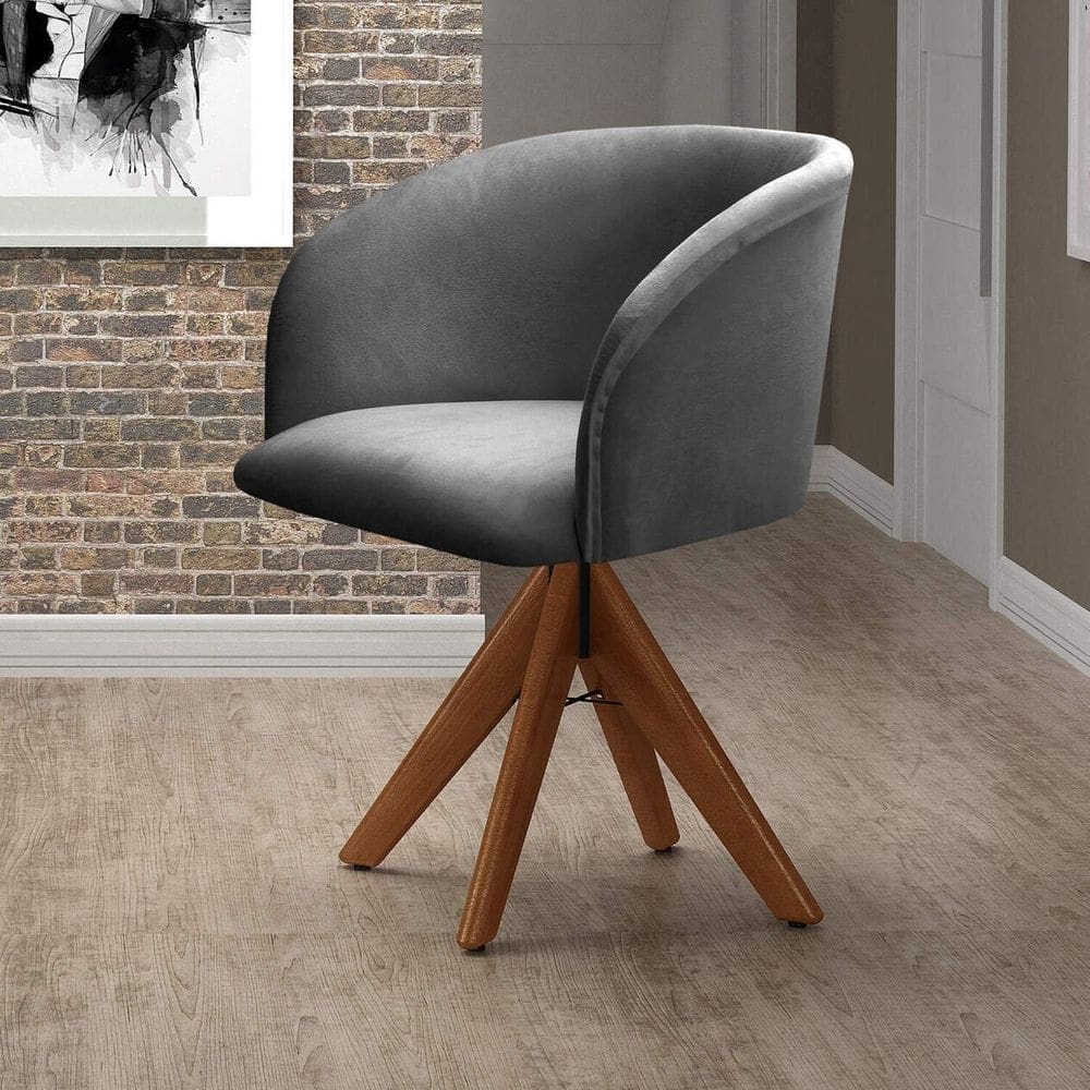 Poltrona Atenas Base Giratória de Madeira Sala Cinza grafite