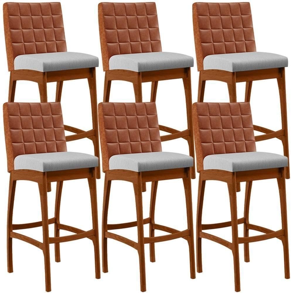 Kit 06 Banquetas Altas Cozinha Mila B04 Camel Linho Cinza