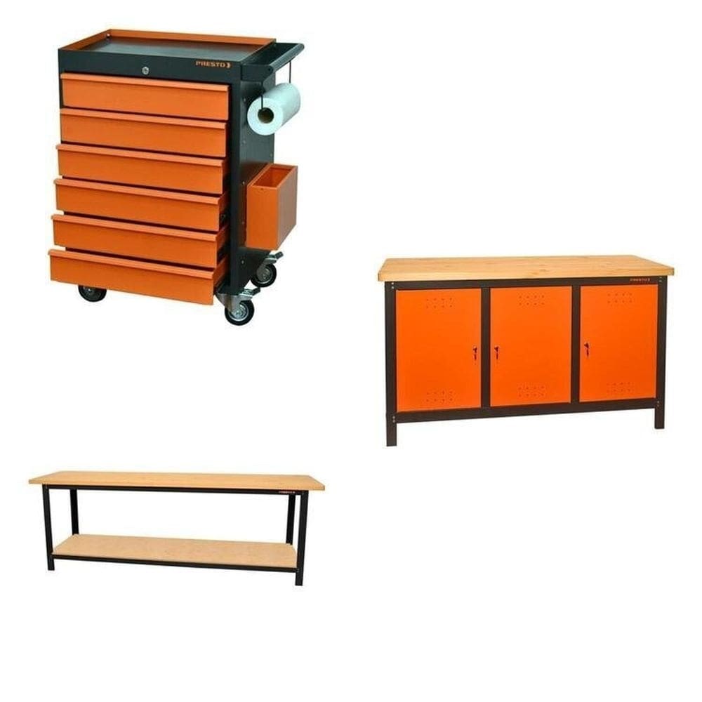 Conjunto Bancada para Ferramentas 200cm Carro de Ferramentas Profissional 6 Gavetas Presto Laranja