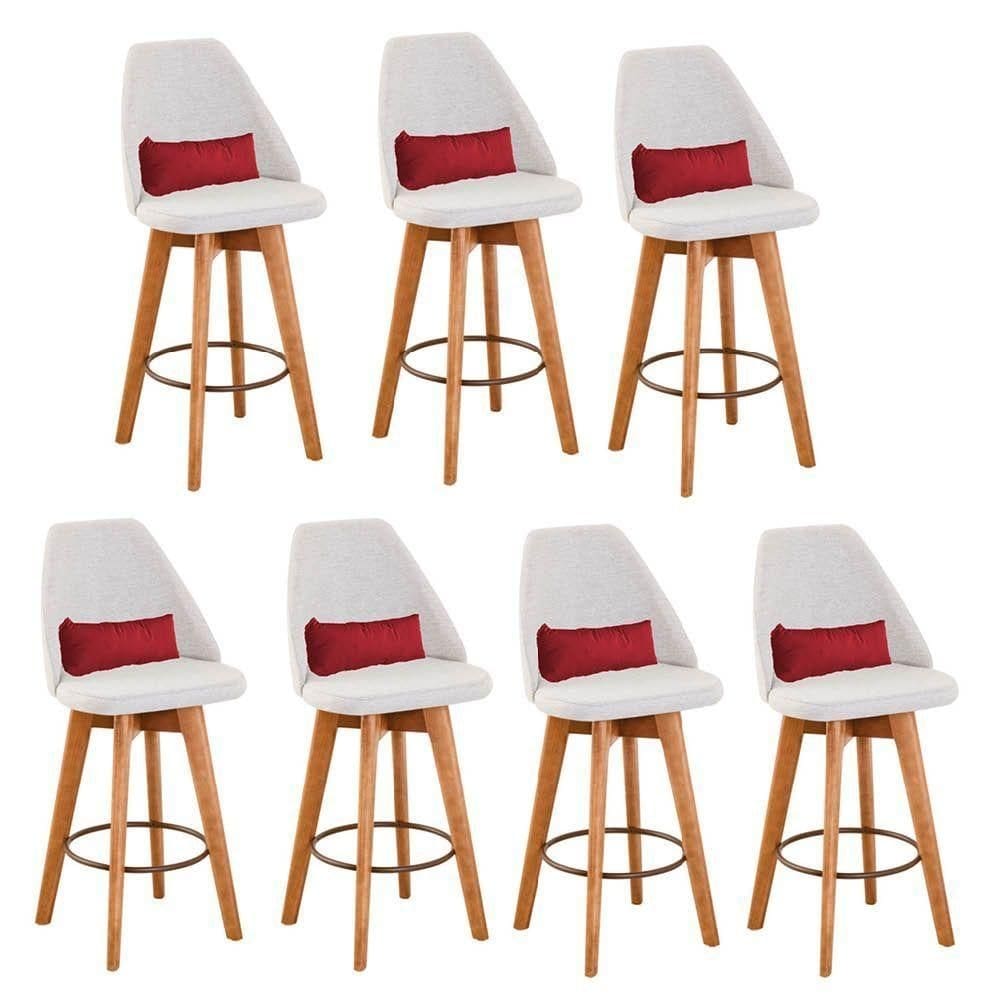 Kit 07 Banquetas Linho Bege E Almofada Sintético Vermelho