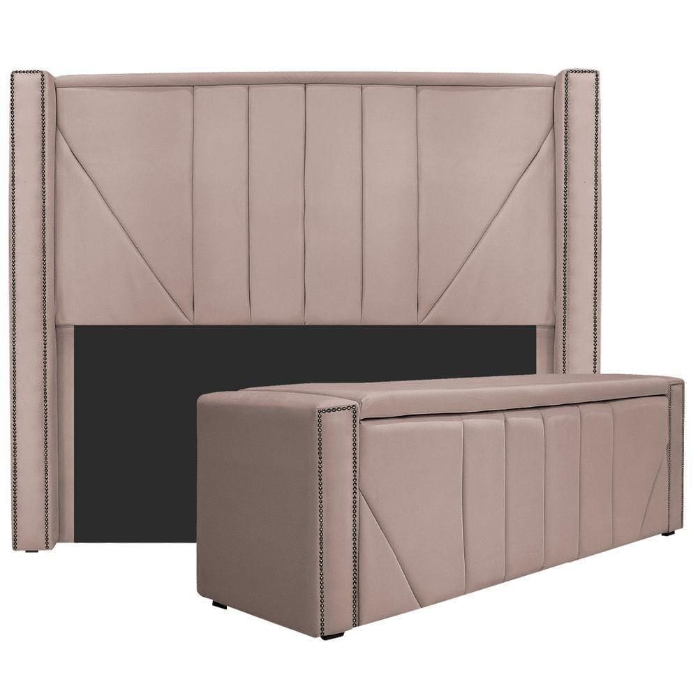 Kit Cabeceira E Calçadeira Baú Solteiro 90cm Suede Rosê