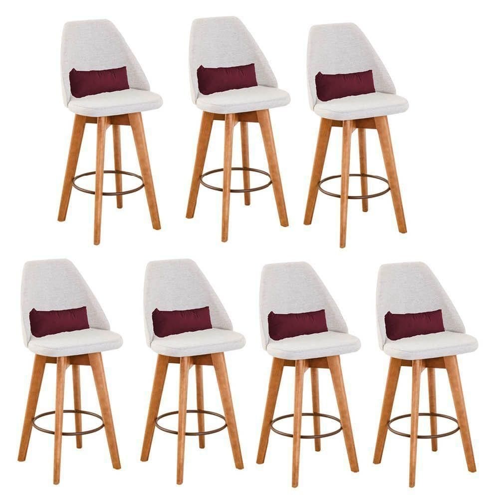 Kit 07 Banquetas Bege Claro E Almofada Corino Bordô