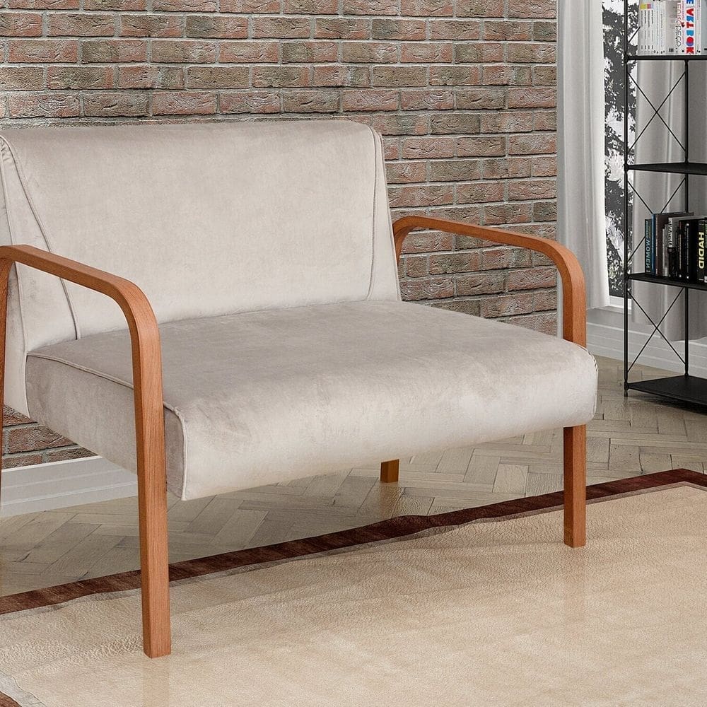 Namoradeira Anita Sofá 2 Lugares Moderna Braço Madeira Suede Bege Claro 080