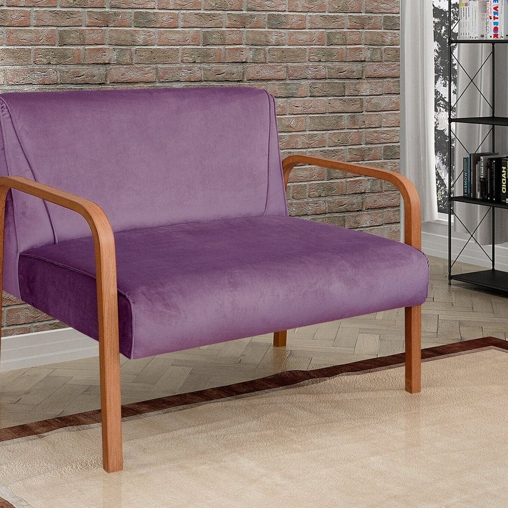 Namoradeira Anita Sofá 2 Lugares Moderna Braço Madeira Veludo Roxo 380