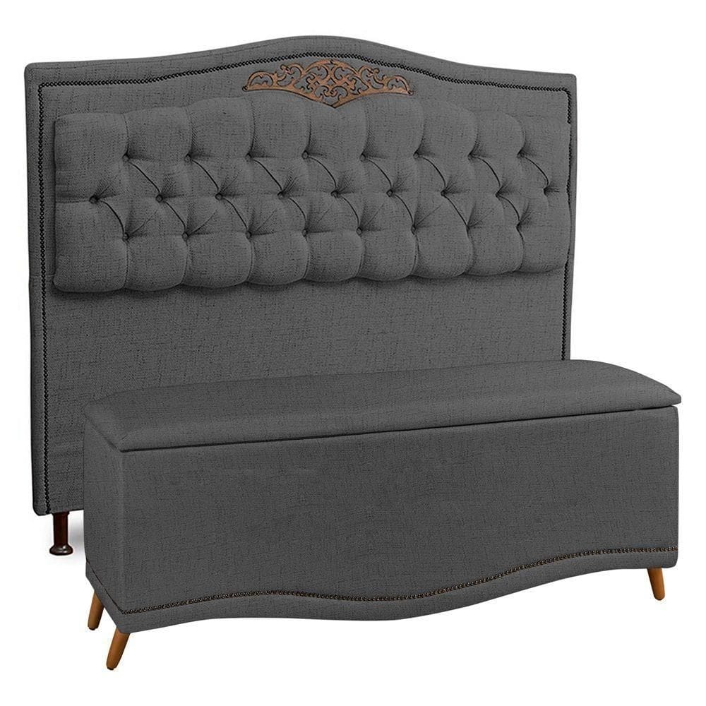 Cabeceira E Calçadeira Baú Box Queen Size 160cm Linho Grafite